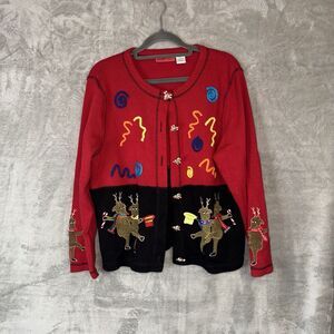 Vintage Onque Petite Christmas Sweater Cardigan Dancing Reindeer Size Med Petite